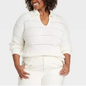 NWT Ava & Viv Pullover Knit Collared V-Neck Sweater In Ivory Size Women's 2X